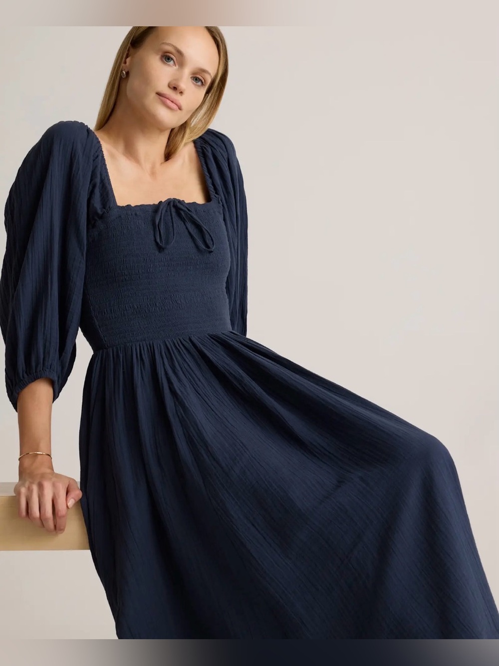 Quince 100% Cotton Gauze Navy Smocked Square Neck Midi Dress 3/4 Sleeve XS 0 2